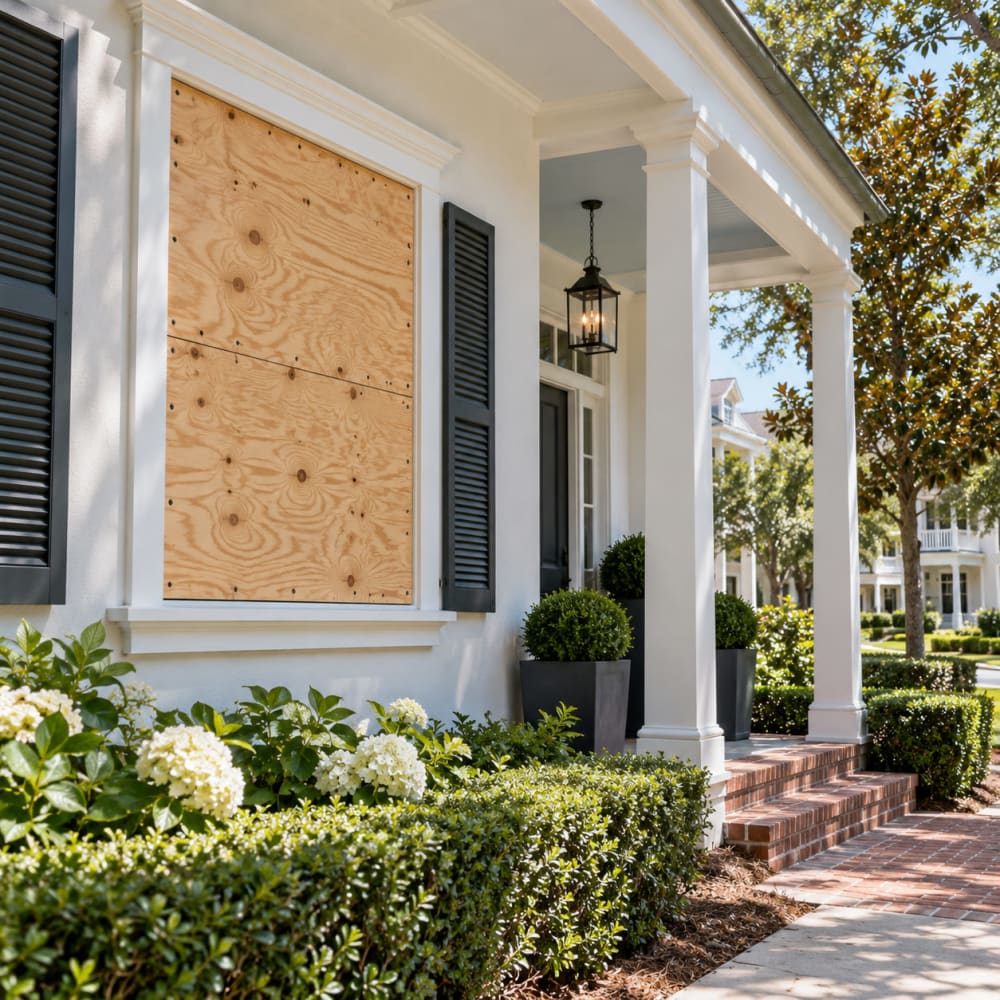 Emergency board-up securing a broken window or commercial glass opening in Celebration Florida