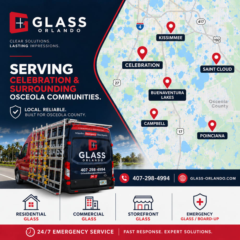 Map highlighting Celebration Kissimmee Buenaventura Lakes Campbell Poinciana and Saint Cloud in the Glass Orlando Osceola County service area
