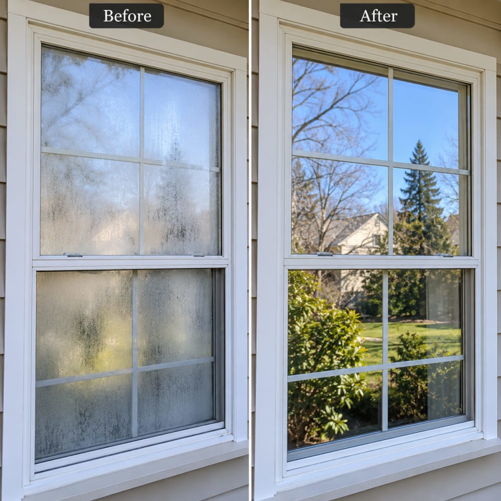 Condensation and haze between double-pane window glass showing insulated glass seal failure