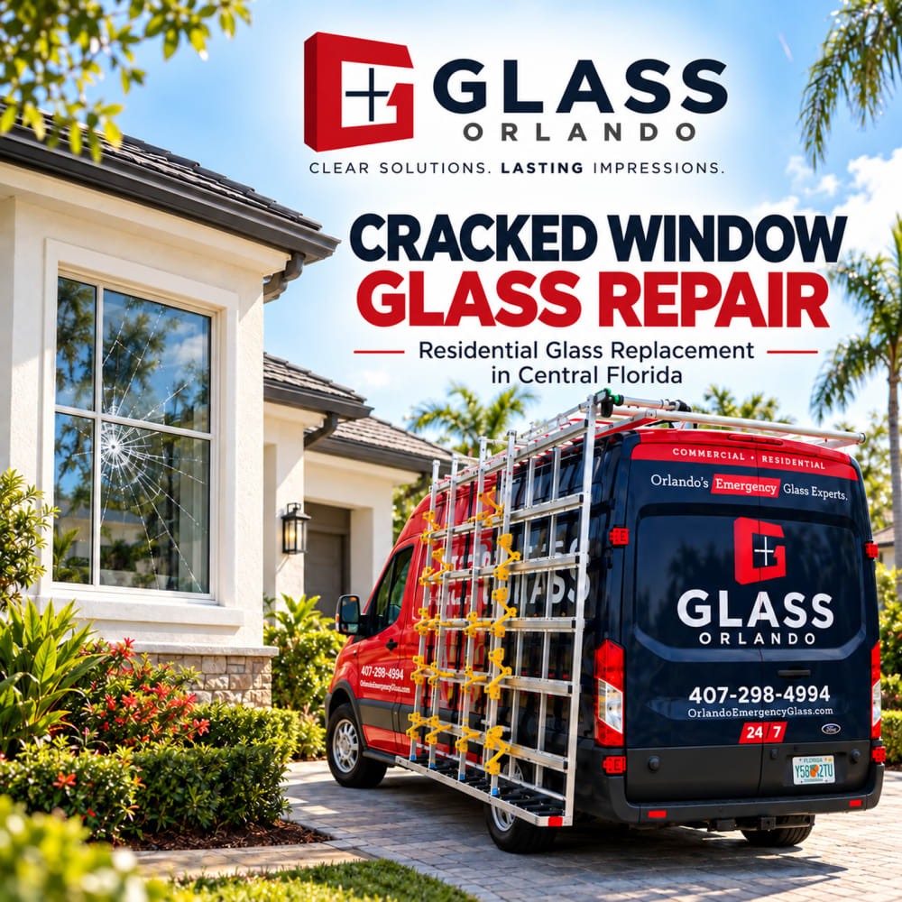 Cracked residential window glass awaiting replacement in an Orlando Florida home