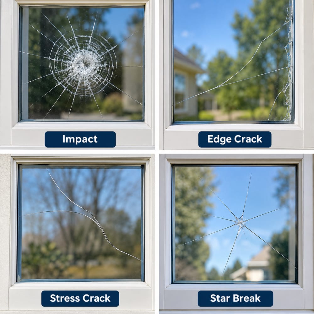 Common residential window glass crack patterns including impact edge stress and star cracks