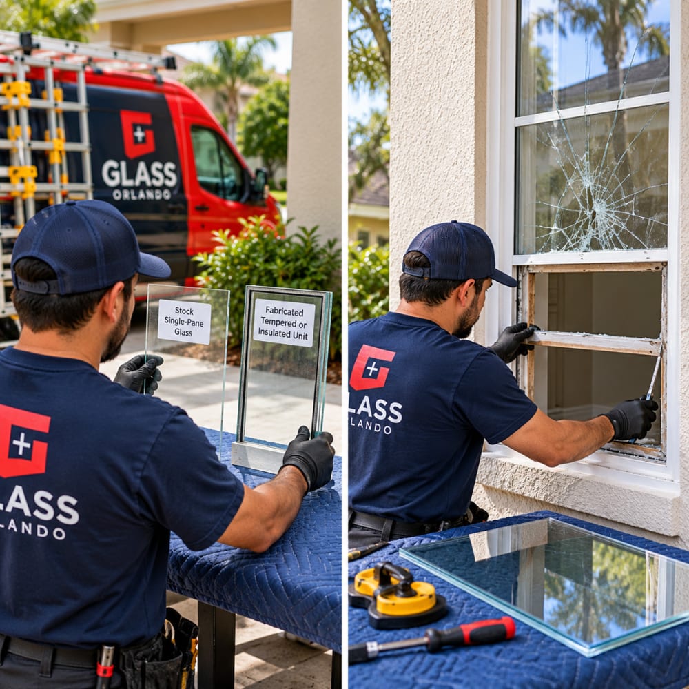 Existing residential window frame retained while cracked glass is replaced