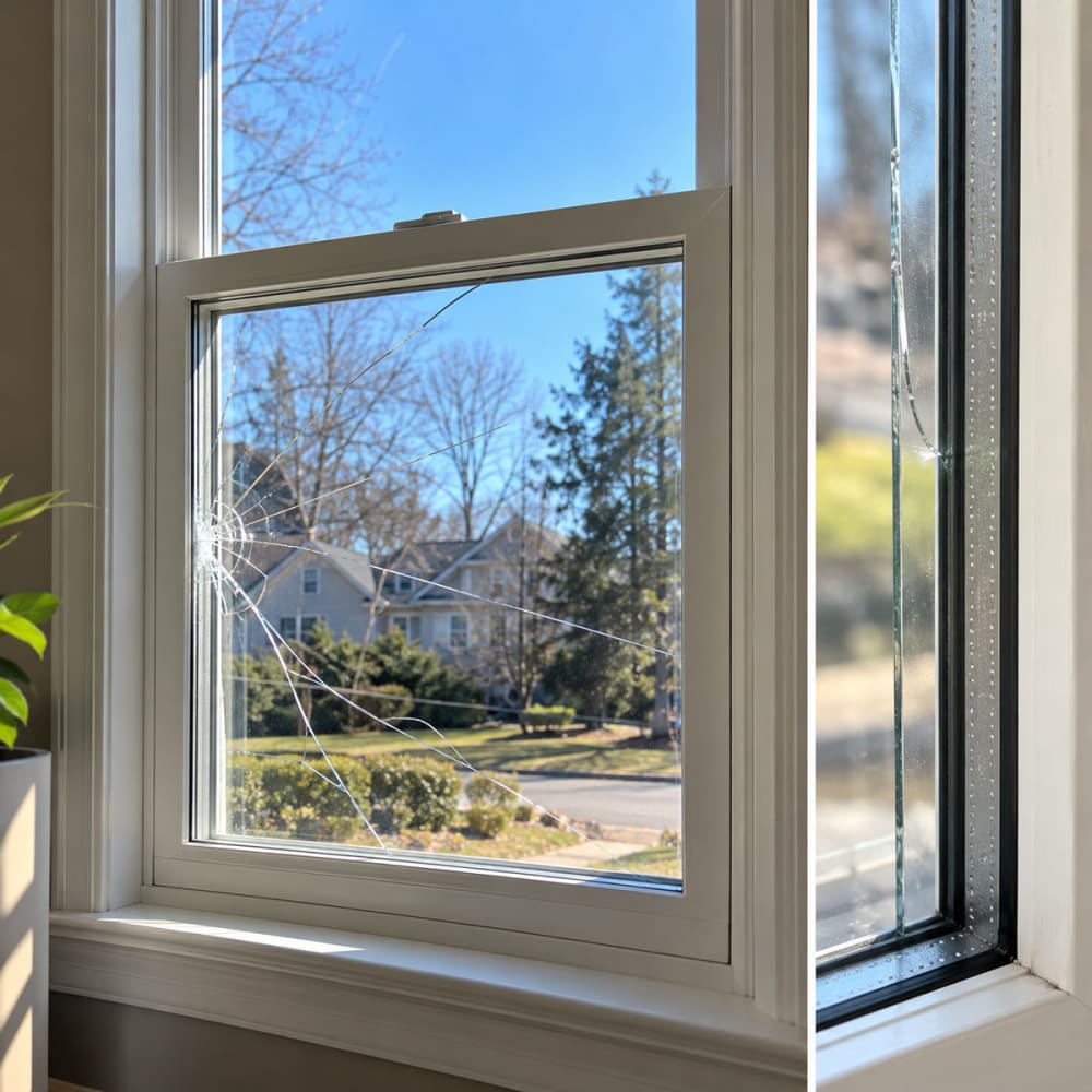 Cracked double-pane insulated window glass requiring complete IGU replacement