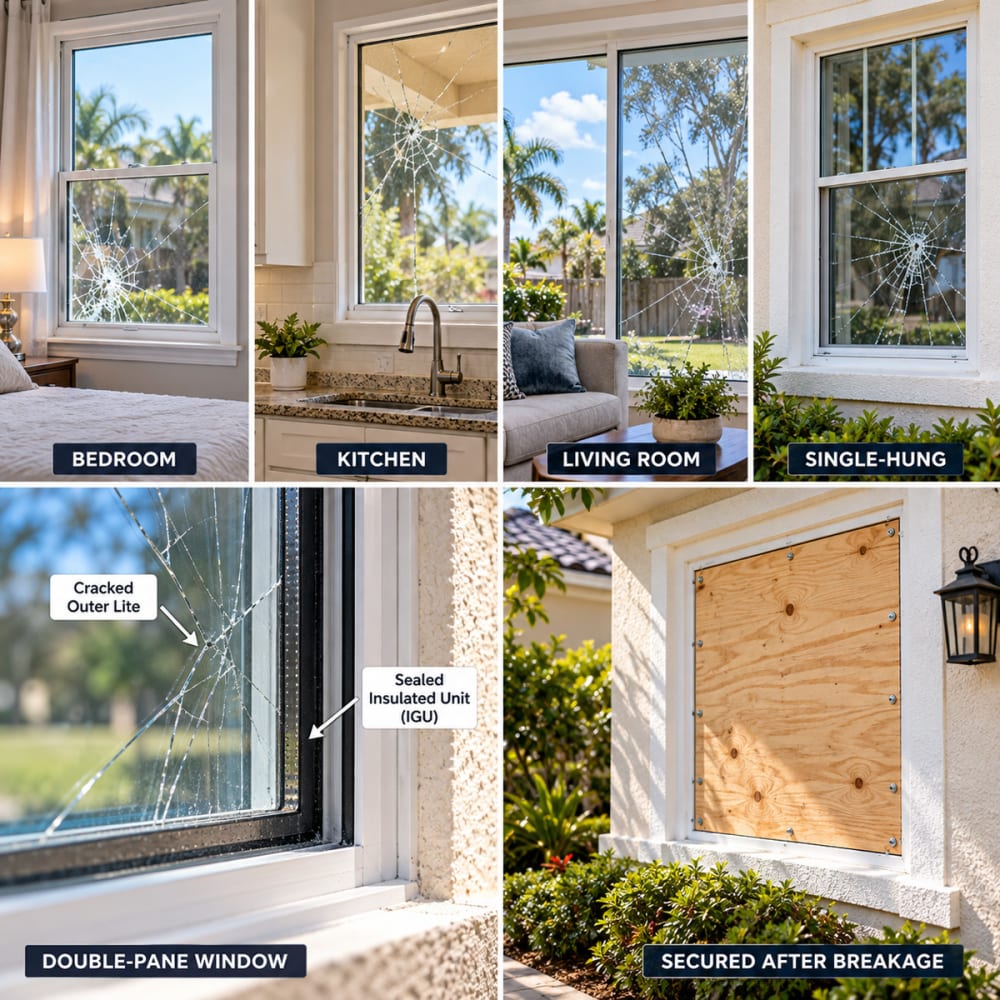 Unsafe cracked residential window secured while replacement glass is being prepared