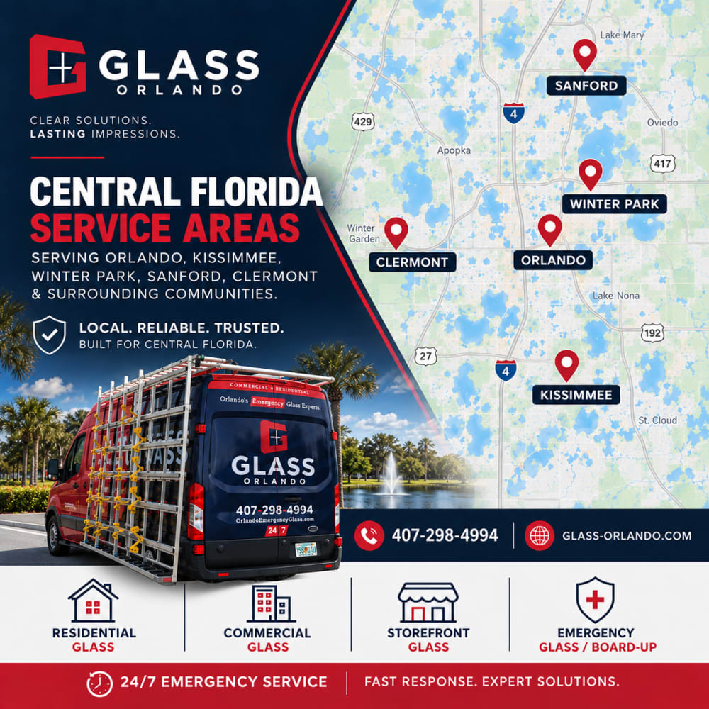 Map showing Glass Orlando cracked window glass repair coverage across Orange Osceola Seminole and Lake Counties