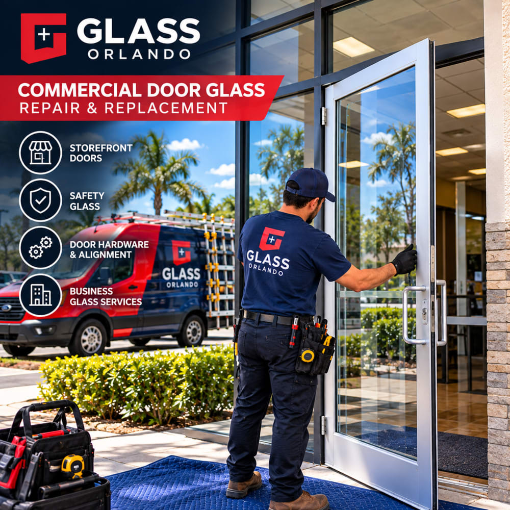 Commercial storefront door glass replacement in an aluminum business entrance in Orlando Florida