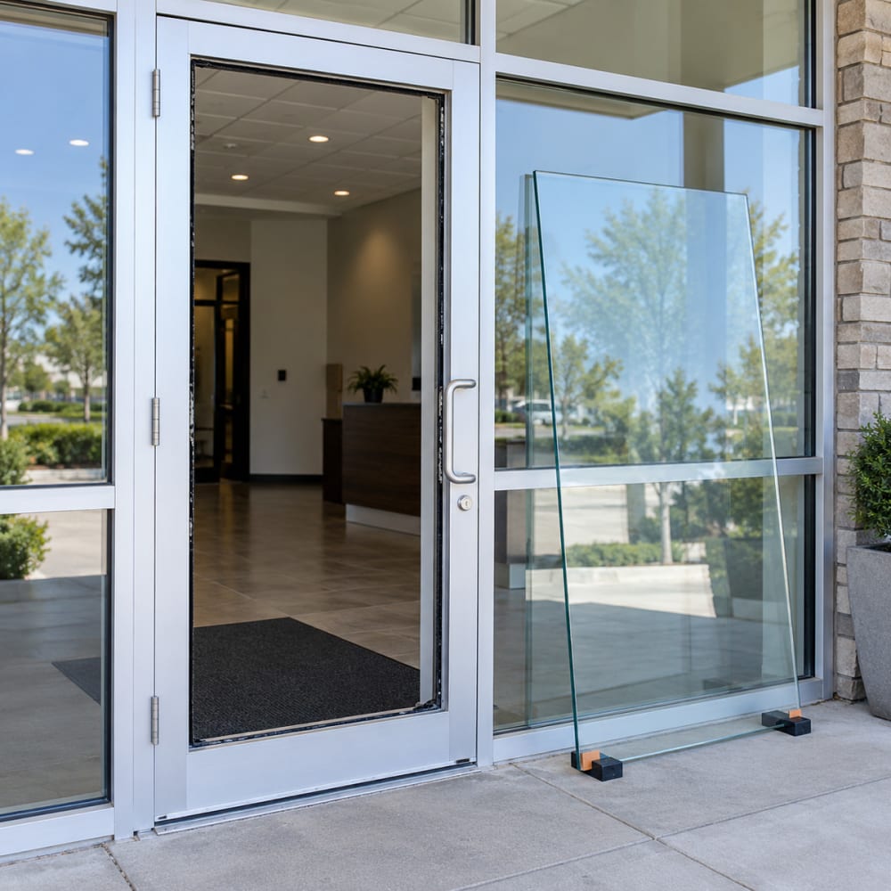 Broken aluminum storefront door glass being replaced at an Orlando commercial property