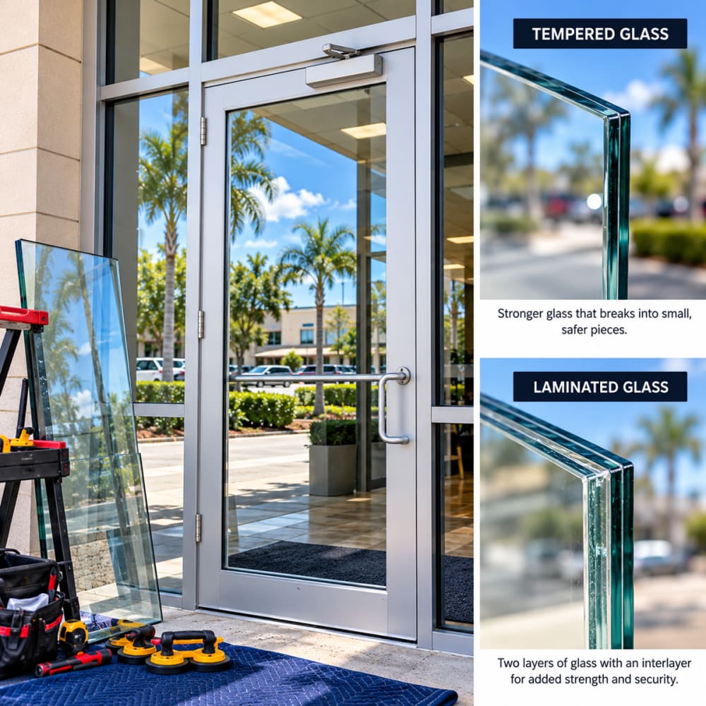 Tempered and laminated safety glass options for commercial storefront entry doors in Central Florida