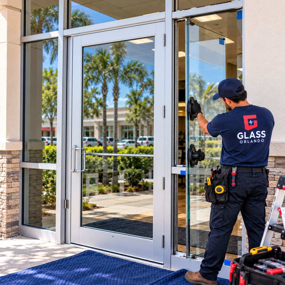 Commercial storefront door sidelite glass replacement at a Central Florida business entrance