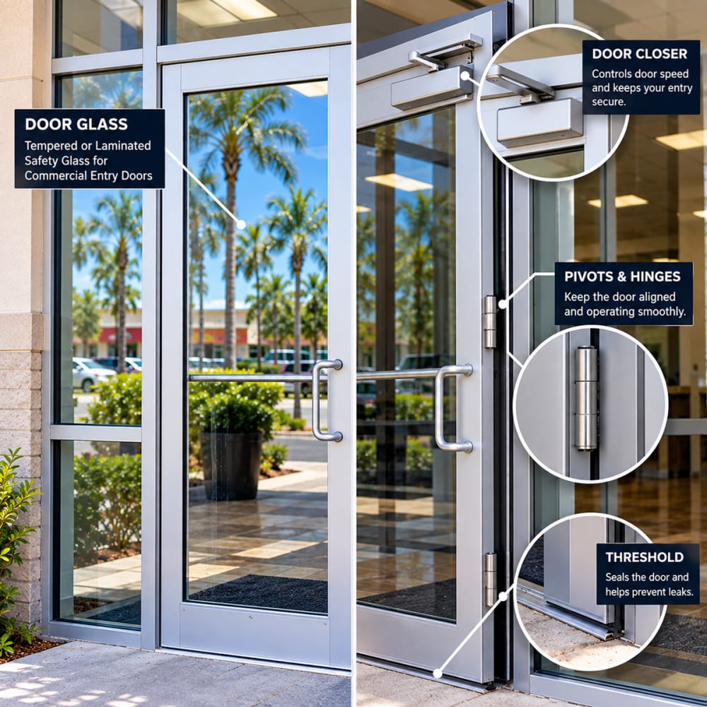 Commercial storefront door showing glass panel and separate closer pivot hardware components