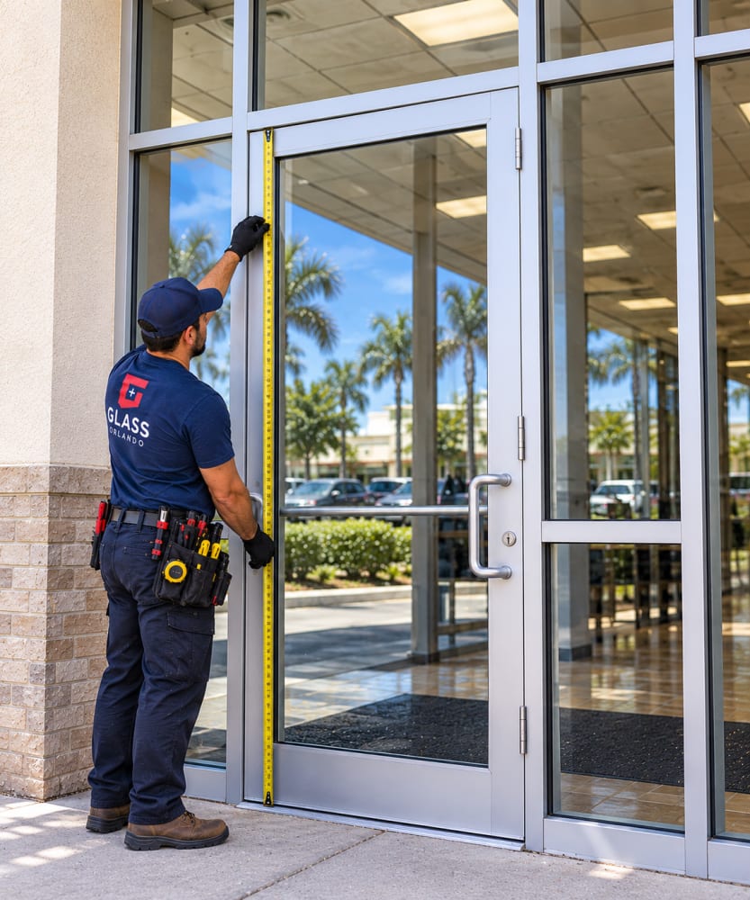 Commercial storefront door being measured for custom tempered glass replacement