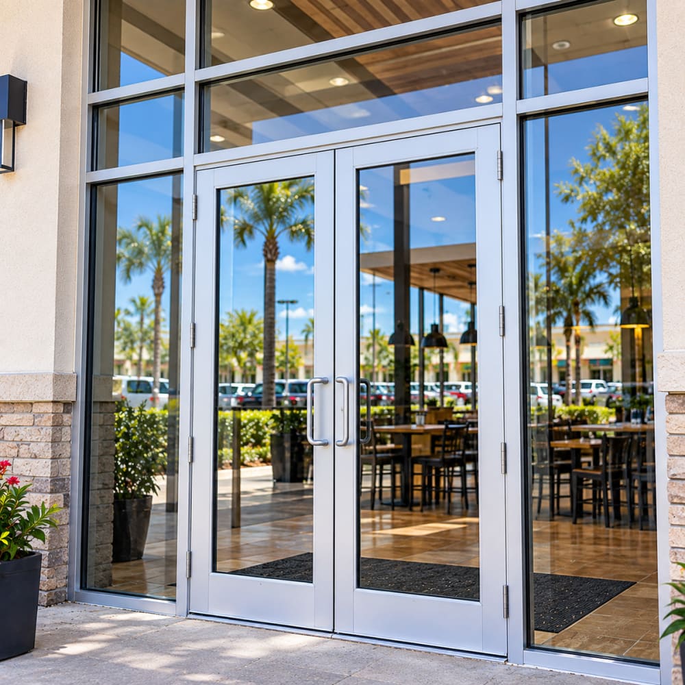 Commercial storefront door glass replacement for retail restaurant and office entrances in Central Florida