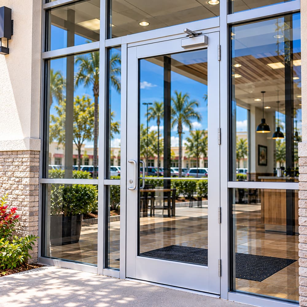 Completed commercial storefront door glass replacement representing business customer satisfaction with Glass Orlando