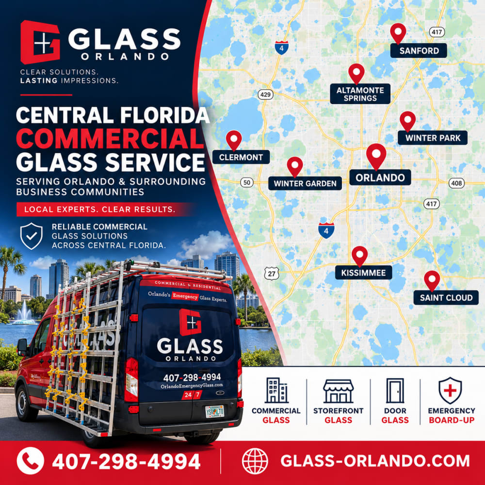 Map showing Glass Orlando commercial storefront door glass replacement coverage across Orange Osceola Seminole and Lake Counties
