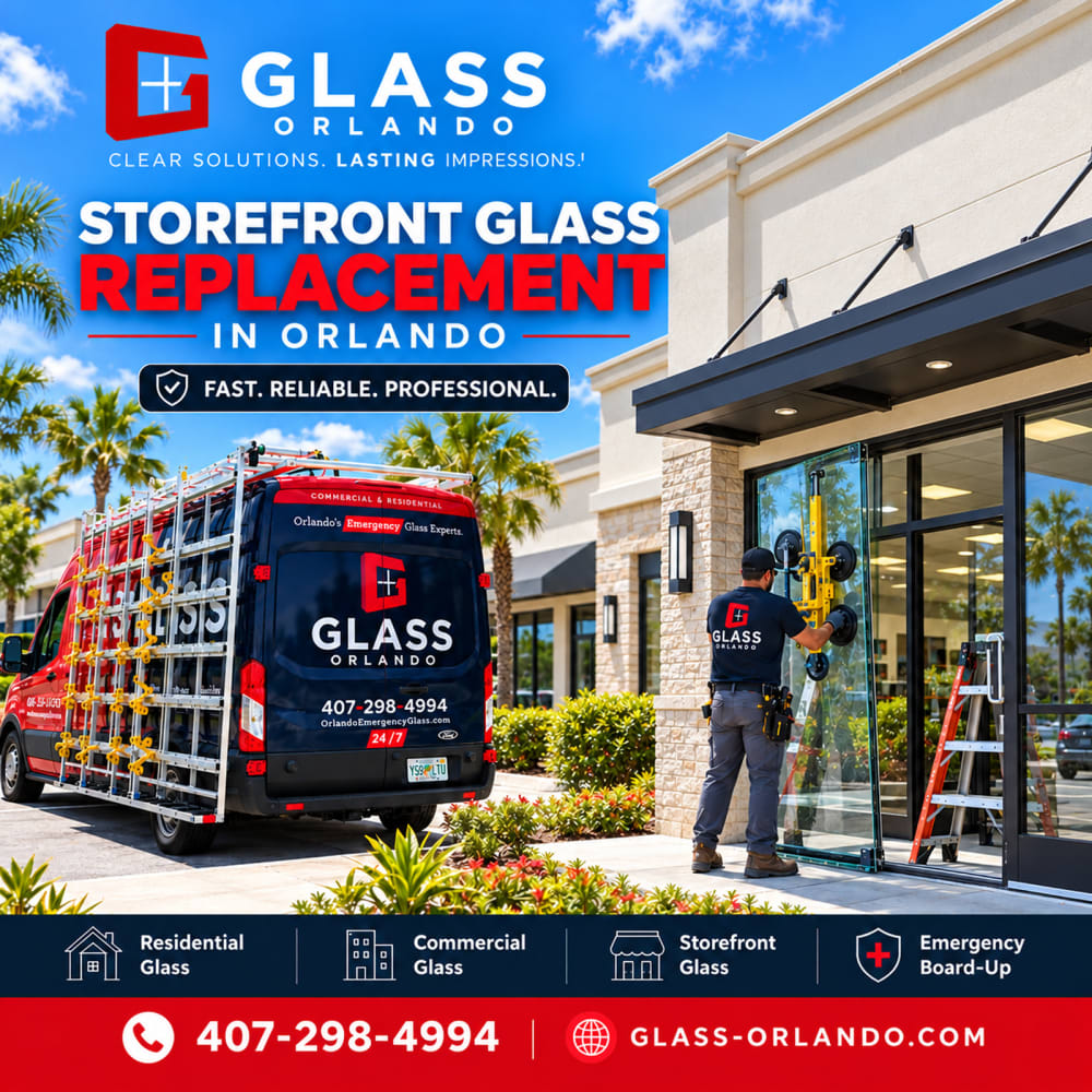 Large fixed storefront glass panel replacement at an Orlando Florida retail business