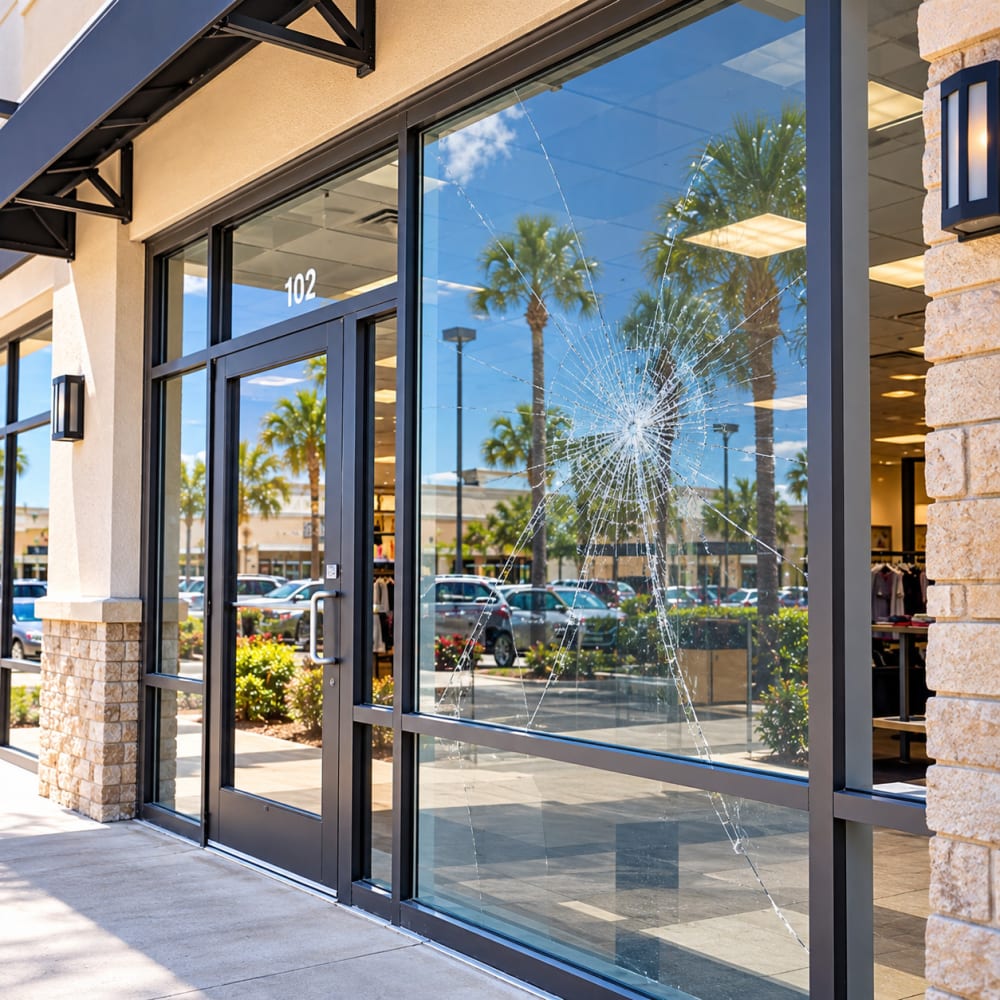 Shattered fixed storefront glass panel awaiting replacement at a Central Florida business