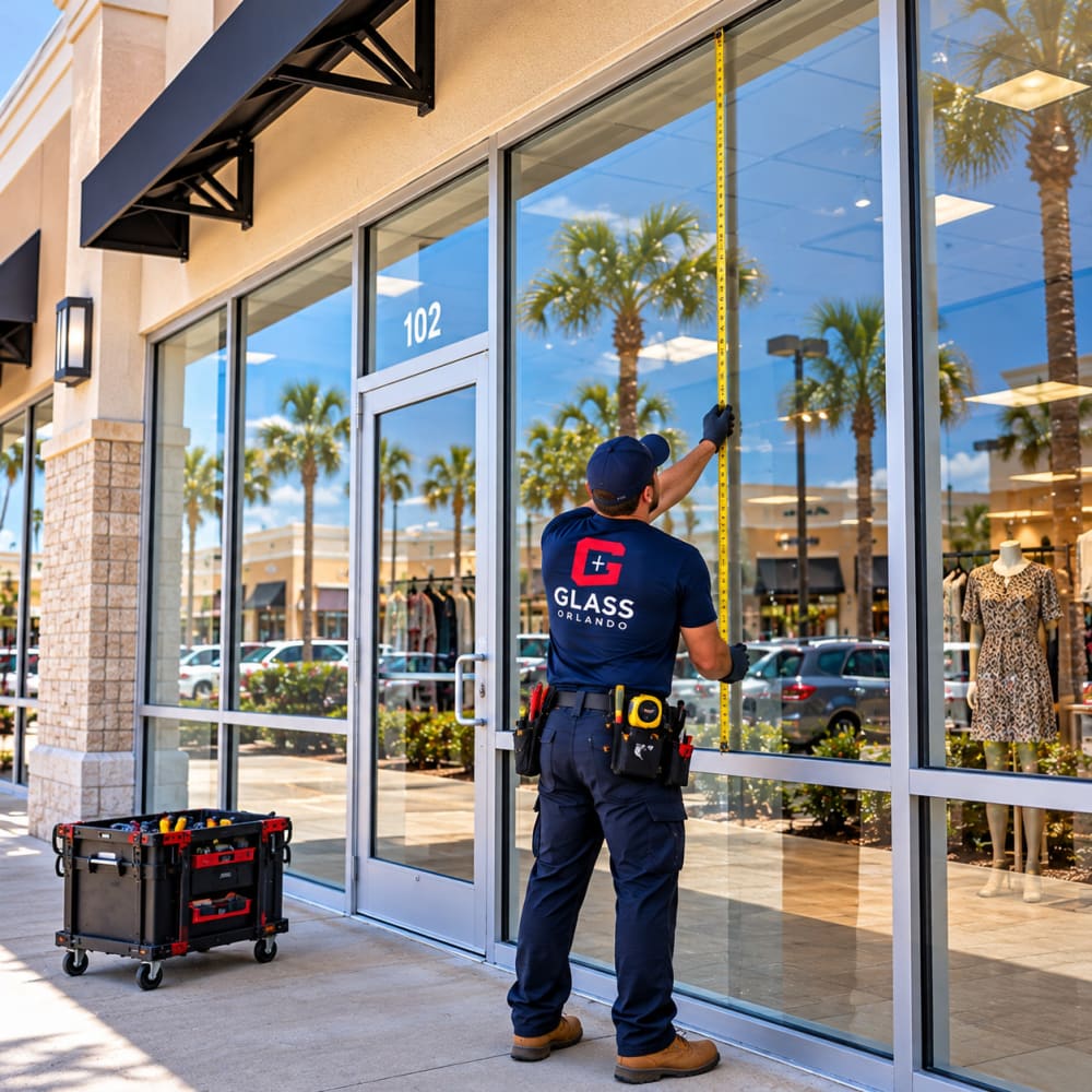Large retail display storefront glass panel being measured for replacement in Orlando Florida
