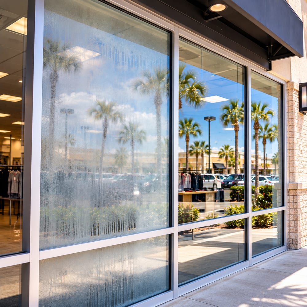 Fogged insulated storefront glass panel with failed seal at a Central Florida commercial property