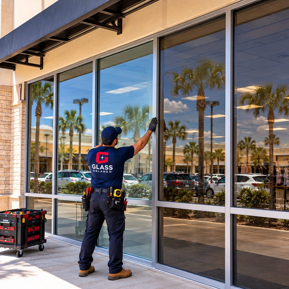 Storefront replacement glass matched for tint thickness and sightlines beside existing commercial panels