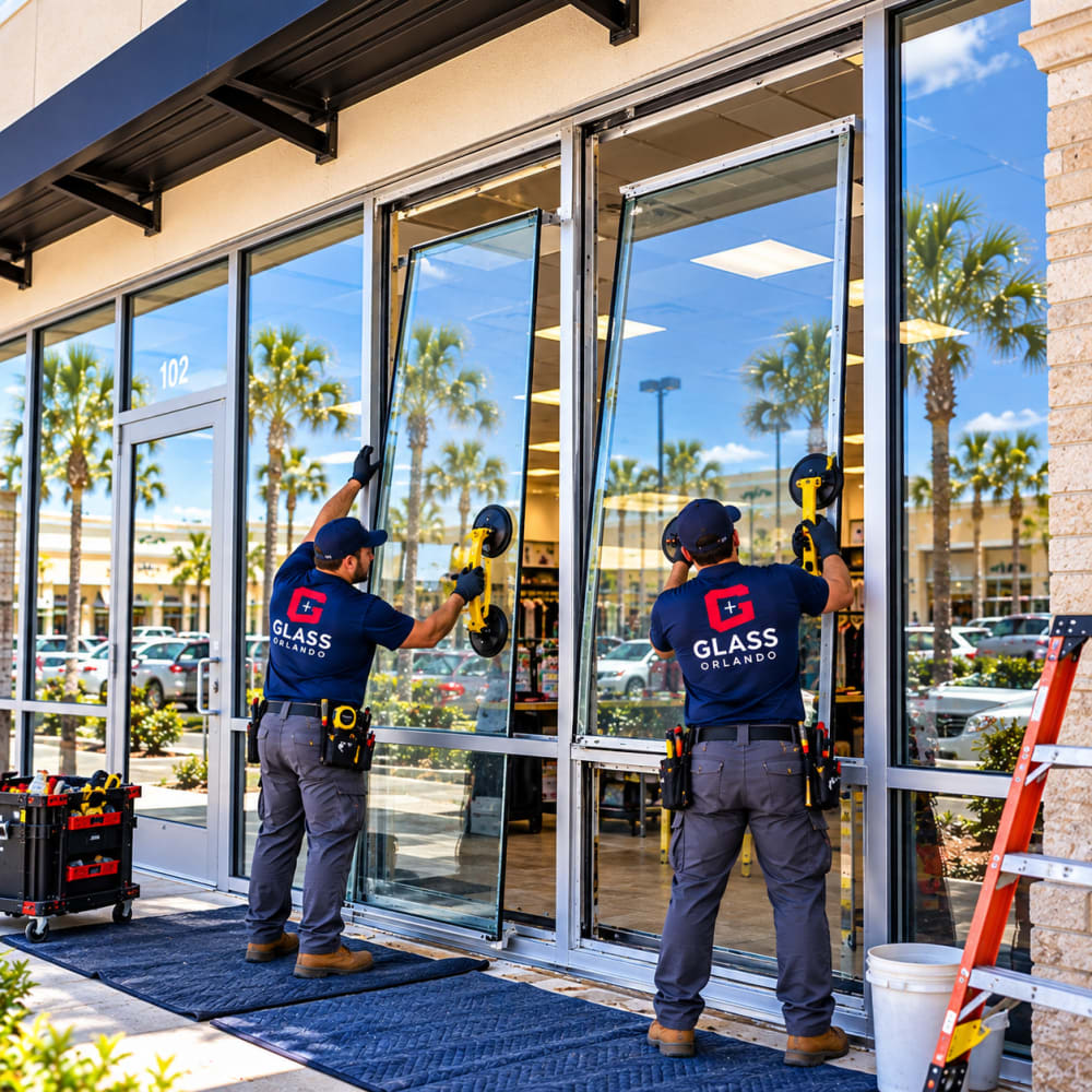 Multi-panel storefront glass replacement in an existing aluminum commercial framing system