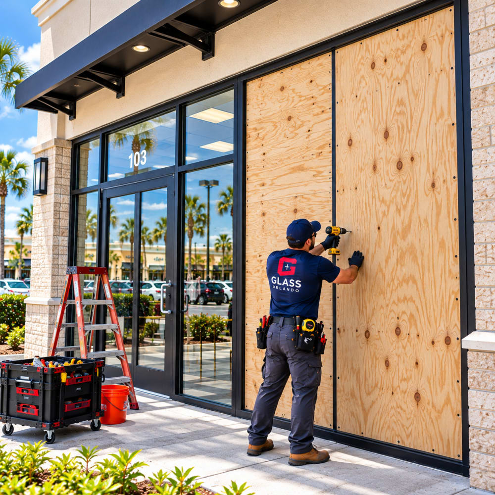 Emergency board-up securing a shattered fixed storefront glass opening in Orlando Florida