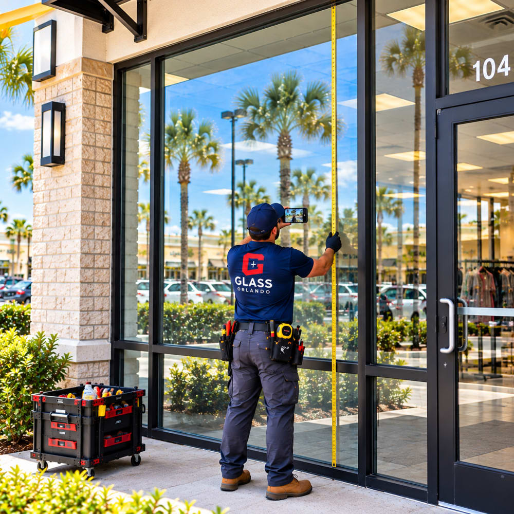 Fixed storefront glass opening being measured for commercial replacement glass