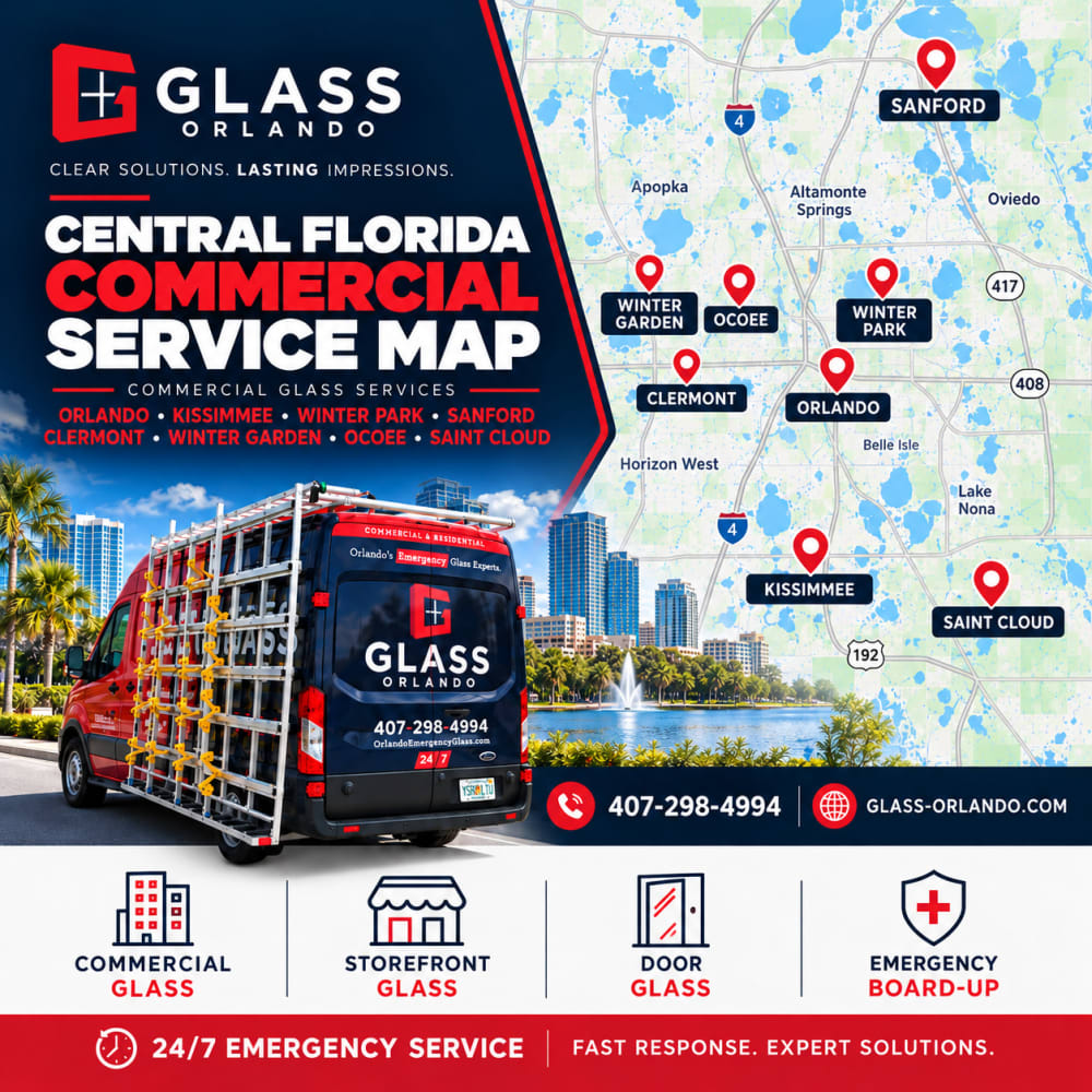 Map showing Glass Orlando storefront glass replacement coverage across Orange Osceola Seminole and Lake Counties