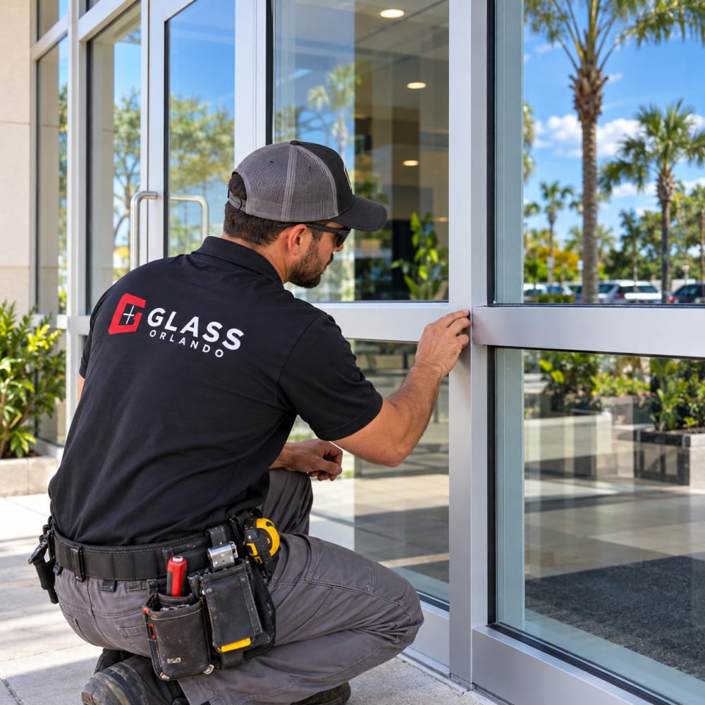 Loose aluminum storefront mullion and rail connection inspected at a commercial building