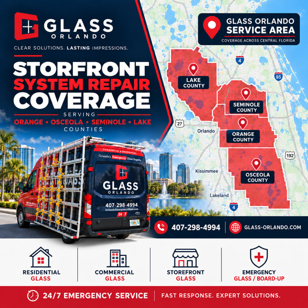 Map showing storefront system repair coverage across Orange Osceola Seminole and Lake Counties in Central Florida