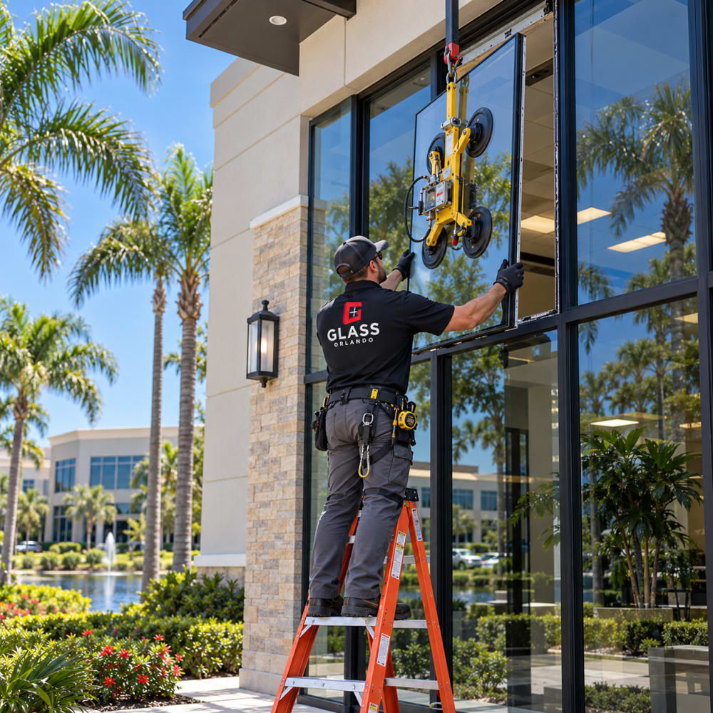 Commercial office glass replacement at a professional building in Lake Mary Florida