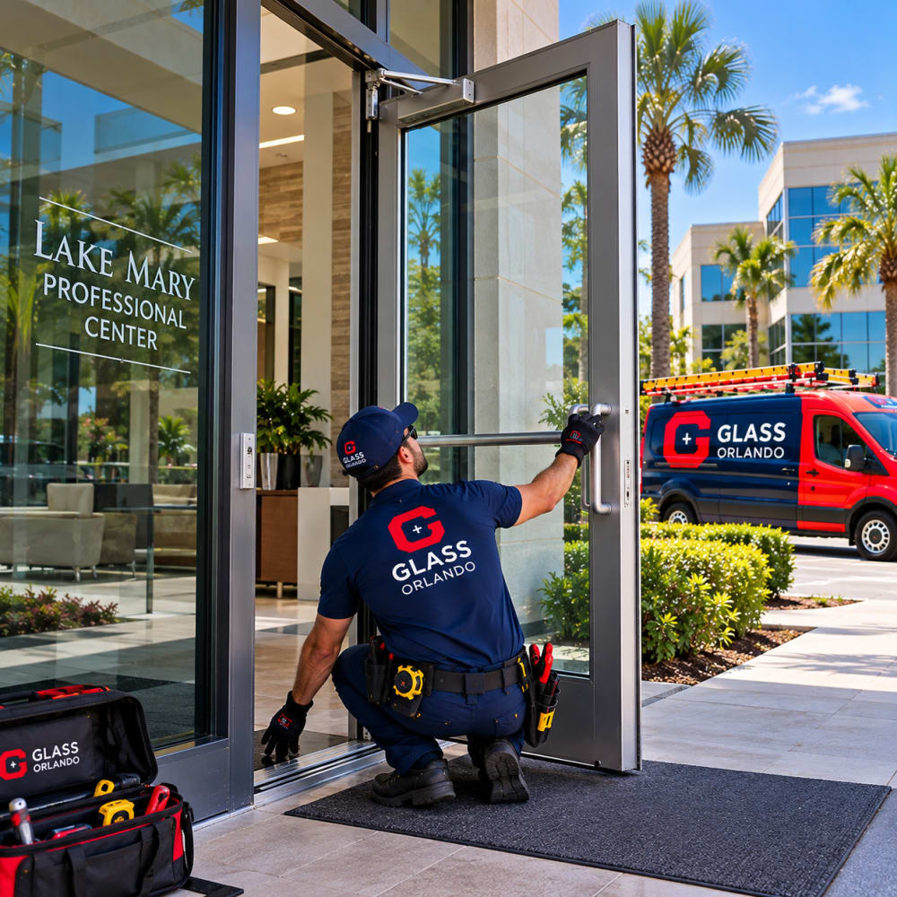 Commercial aluminum door closer pivot and alignment inspection in Lake Mary Florida
