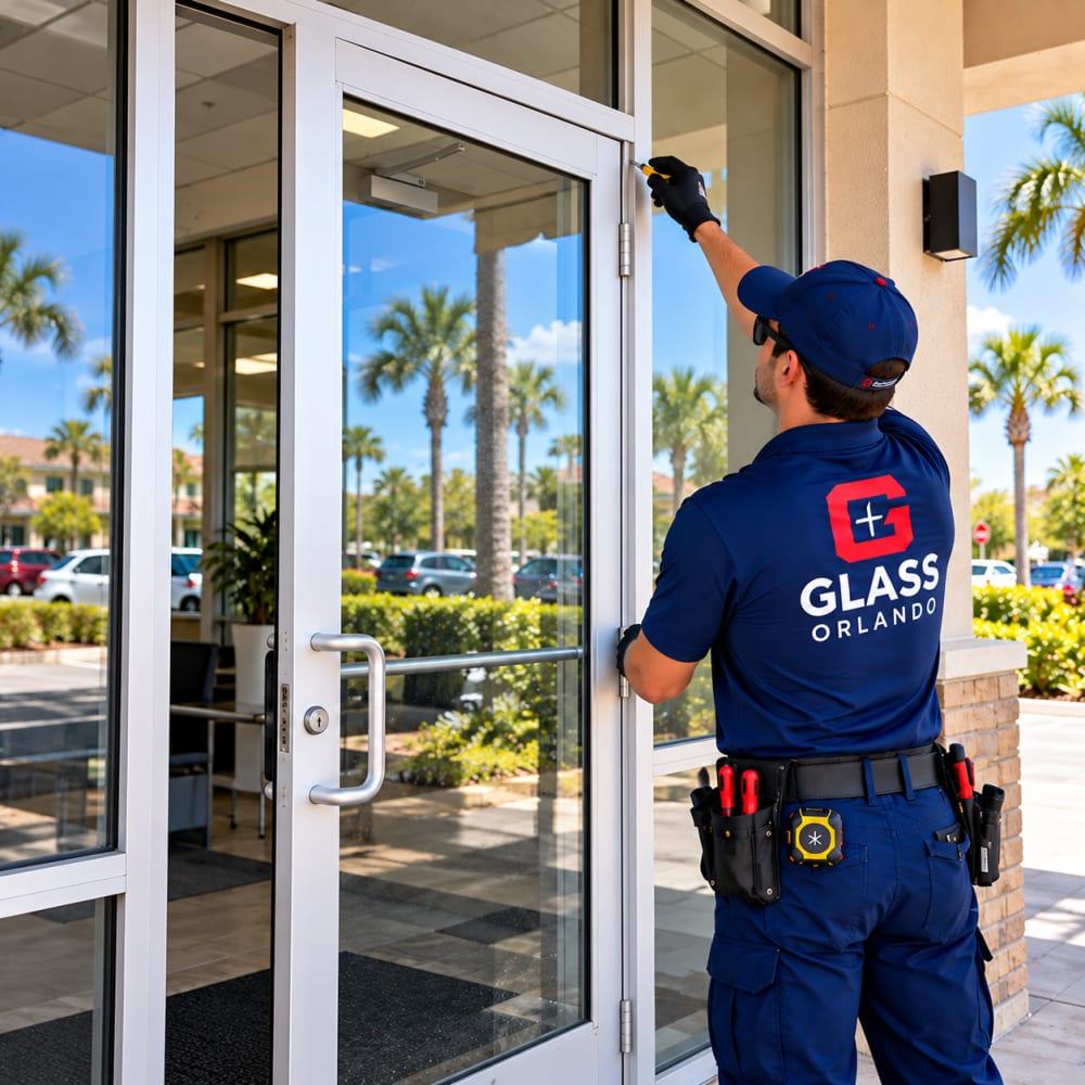 Commercial door closer pivot hinge and alignment repair in Oviedo Florida