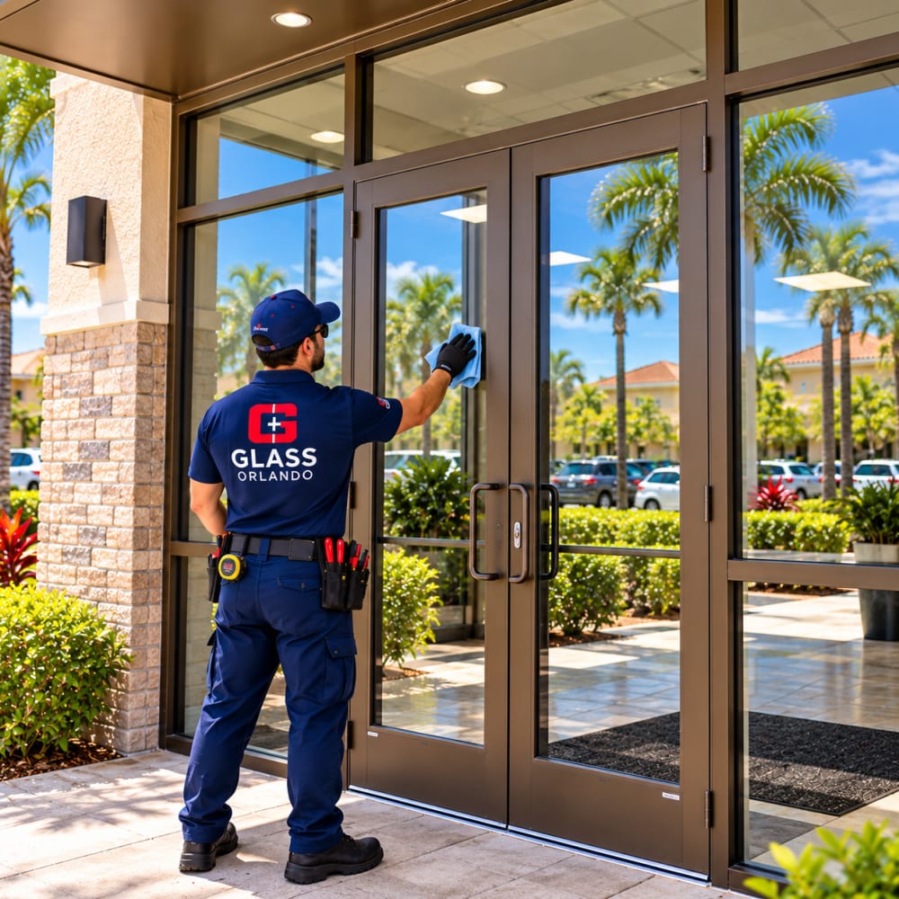 Completed residential and commercial glass repair representing five star Glass Orlando service in Oviedo Florida