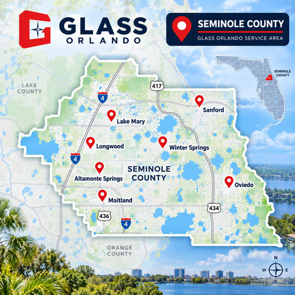 Seminole County Florida glass repair service areas including Sanford Lake Mary Longwood Oviedo Casselberry Winter Springs and Altamonte Springs