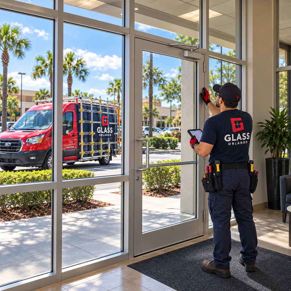 Commercial door glass closer pivot and entrance repair in Orange County Florida