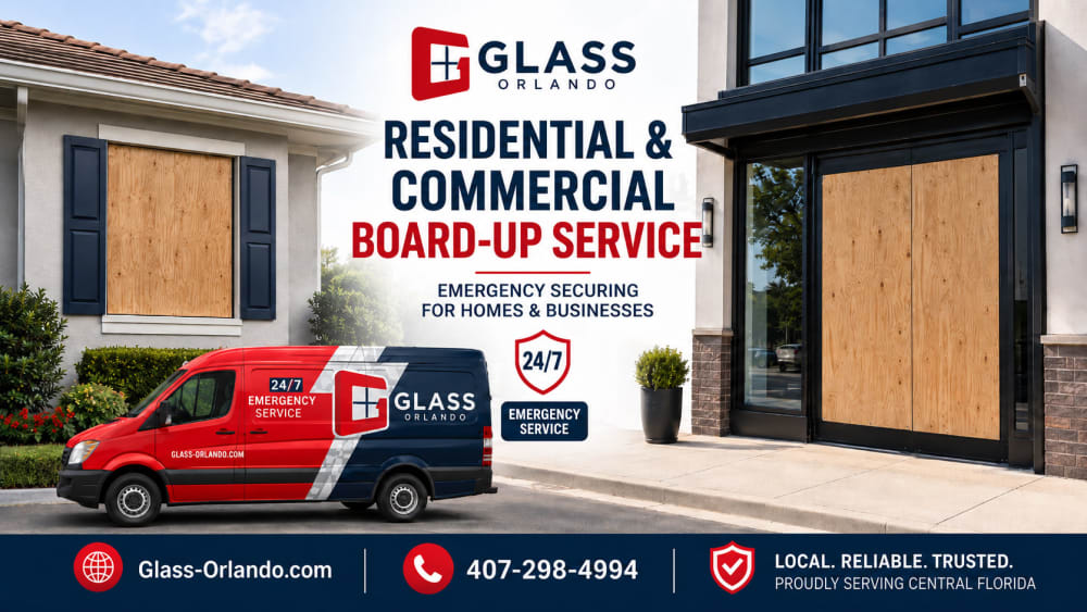 Residential and commercial board-up service scene representing temporary glass opening protection in Central Florida
