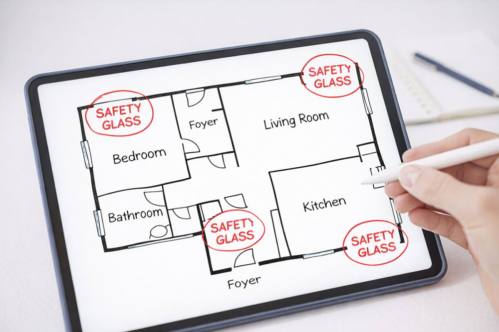 Notebook with a sketch of a home floor plan and several windows marked as safety glass locations in an Orlando house