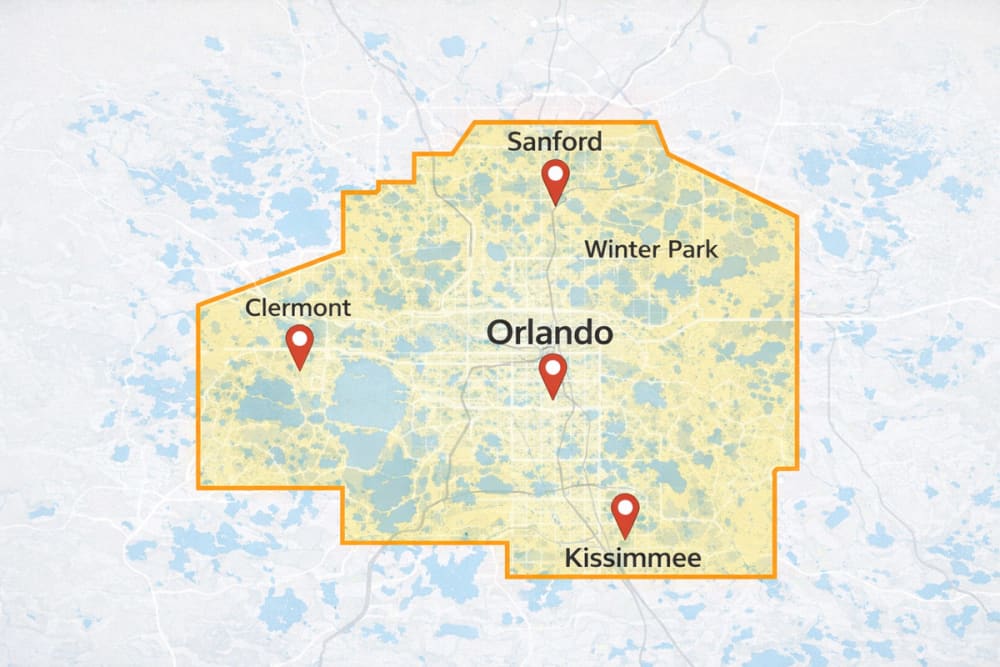 Map highlighting Orlando, Kissimmee, Winter Park, Sanford and Clermont showing Glass Orlandoβs residential safety glass service area across north, south, east and west Orlando