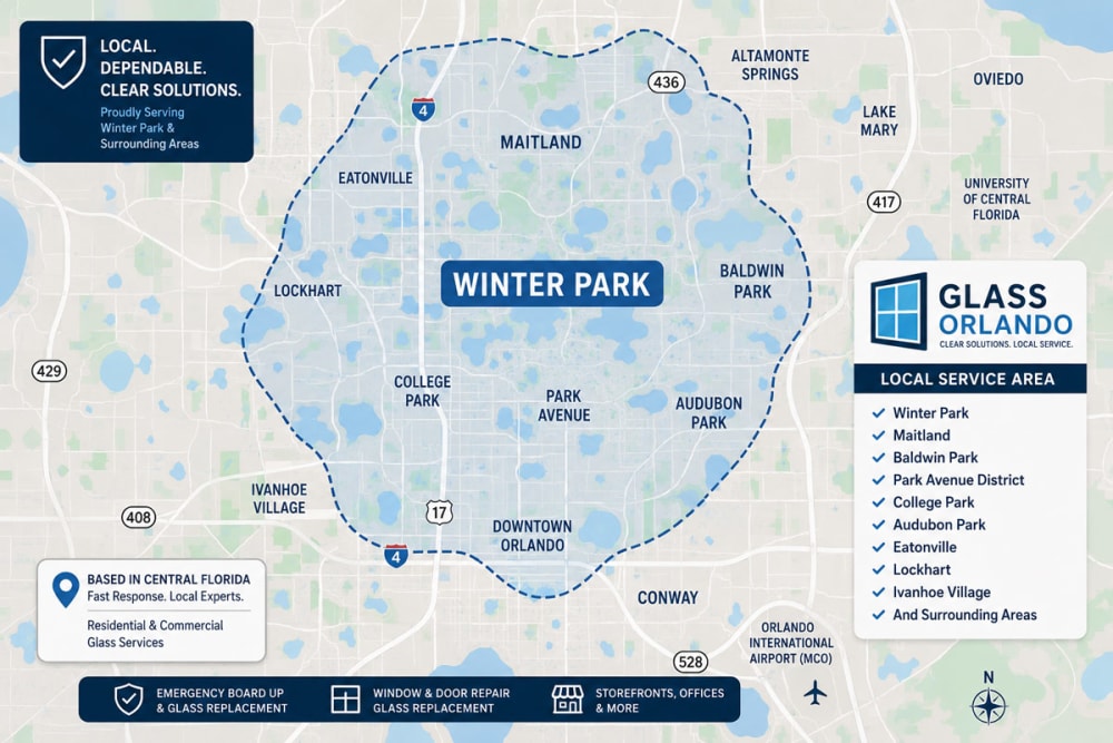 Map highlighting Winter Park, nearby Maitland, Baldwin Park, Park Avenue area and surrounding neighborhoods showing Glass Orlando’s local service coverage