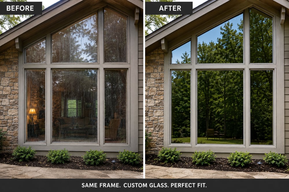 Before-and-after showing the same unusual-size residential frame kept in place with new custom glass installed.