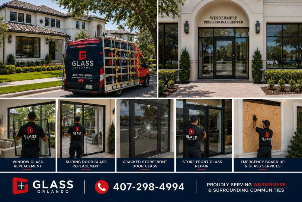 Common residential and commercial glass problems handled in Windermere Florida including broken windows fogged glass and storefront damage