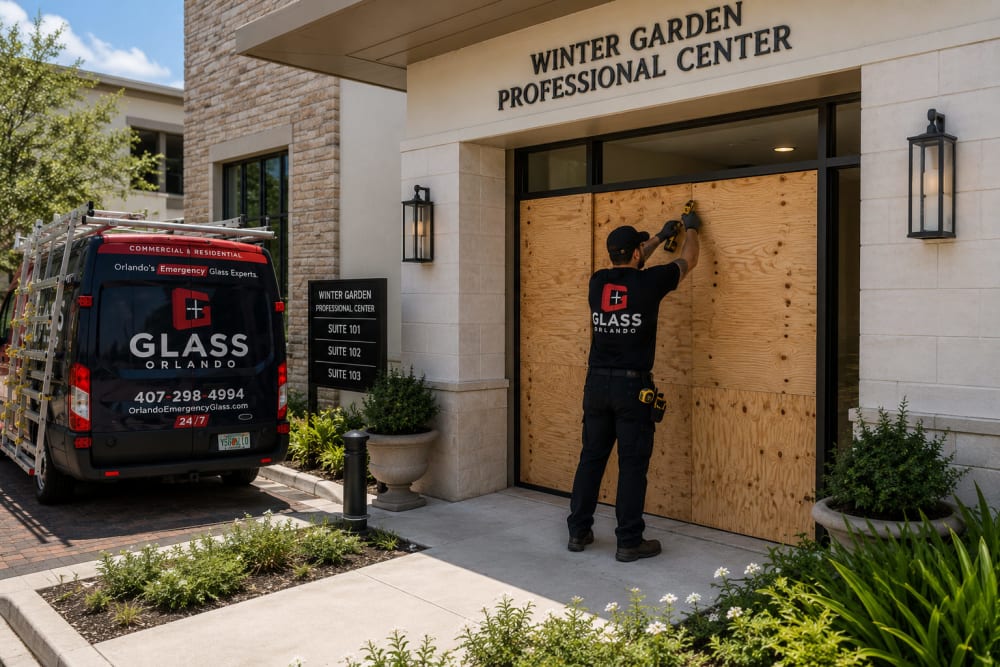 Emergency board-up service for a broken residential or commercial glass opening in Winter Garden Florida