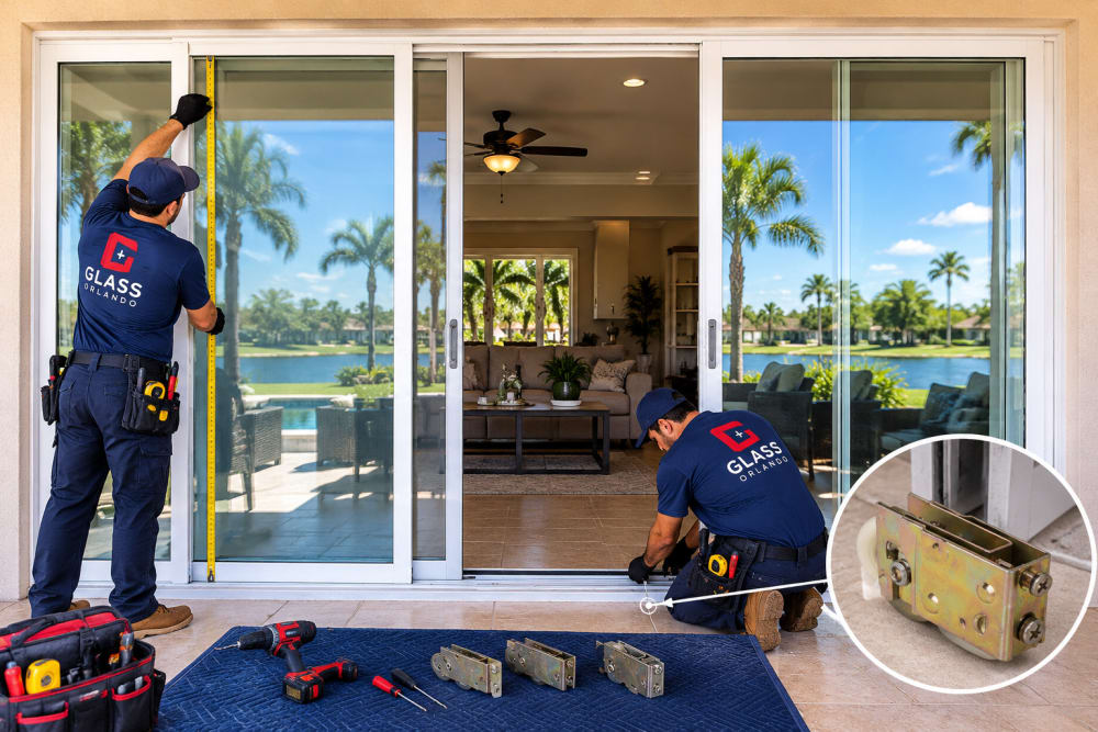 Sliding patio door being measured for replacement safety glass in Central Florida