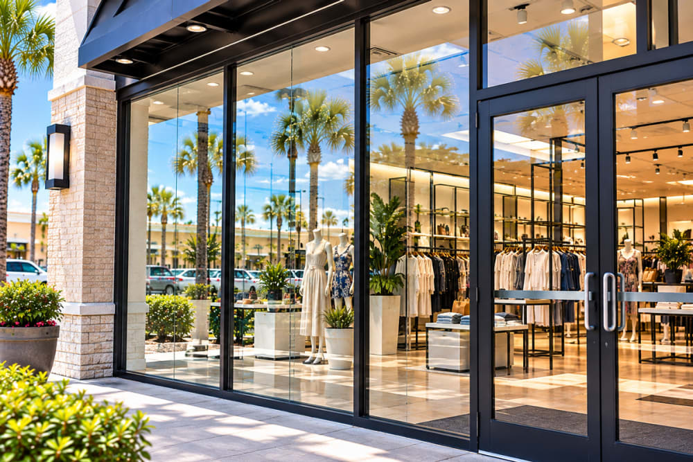 Completed storefront glass replacement representing business customer satisfaction with Glass Orlando