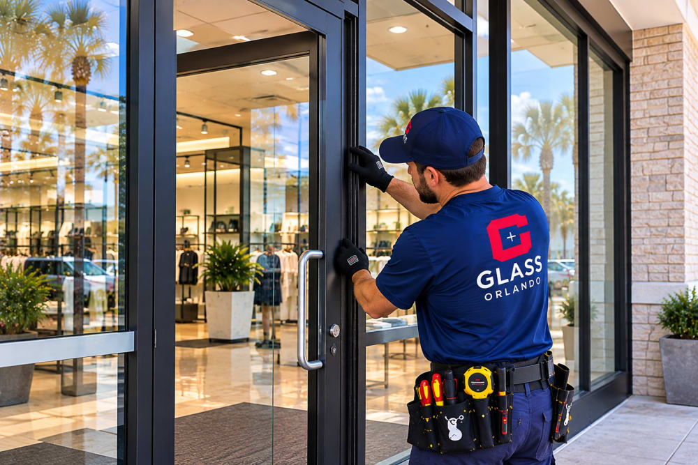Commercial storefront frame checked for door alignment before hardware repair