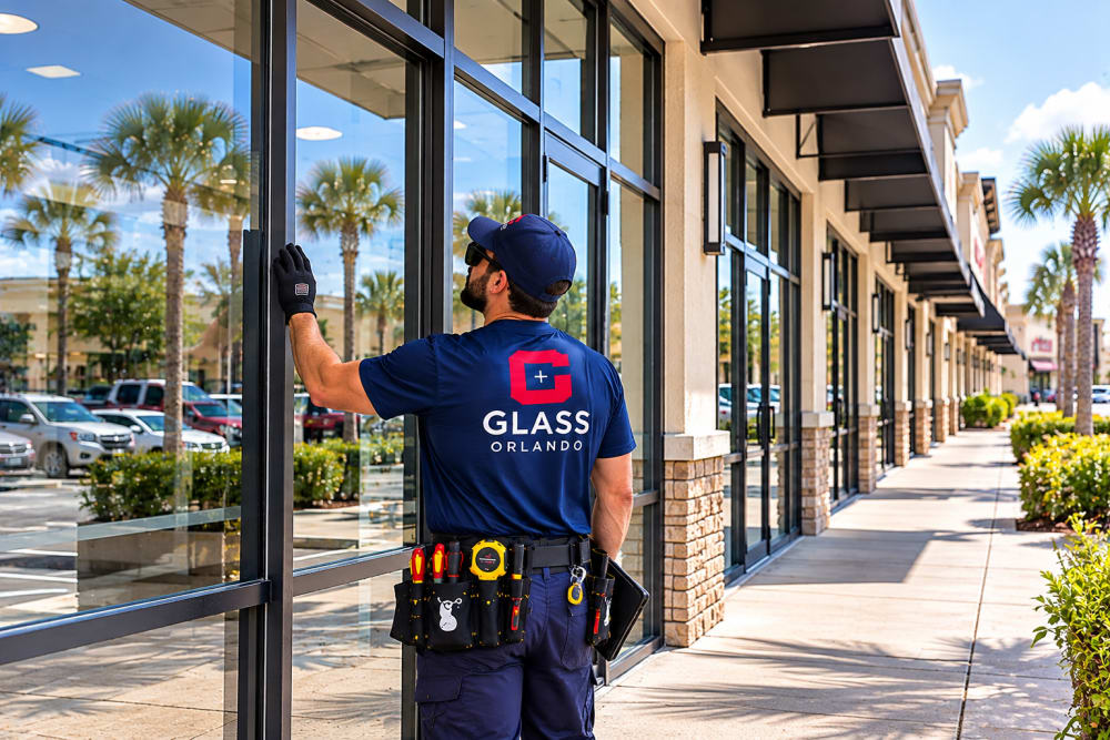 Storefront framing and glass system maintenance at a managed Central Florida retail plaza
