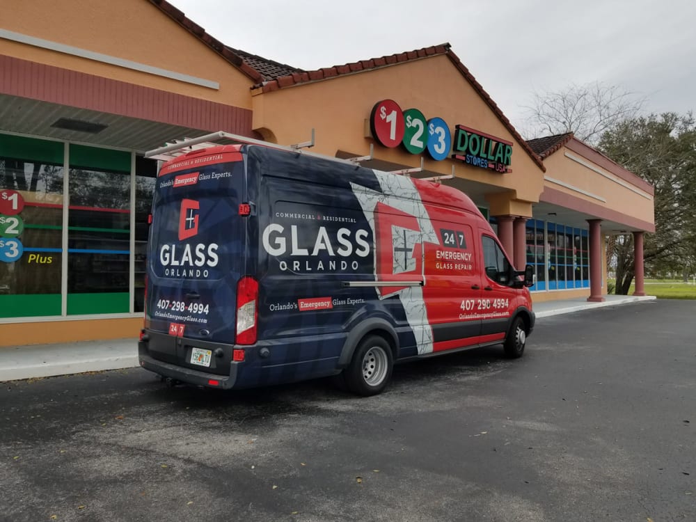 Glass Orlando service van, home windows, and commercial storefront in Central Florida representing a trusted window and glass repair team
