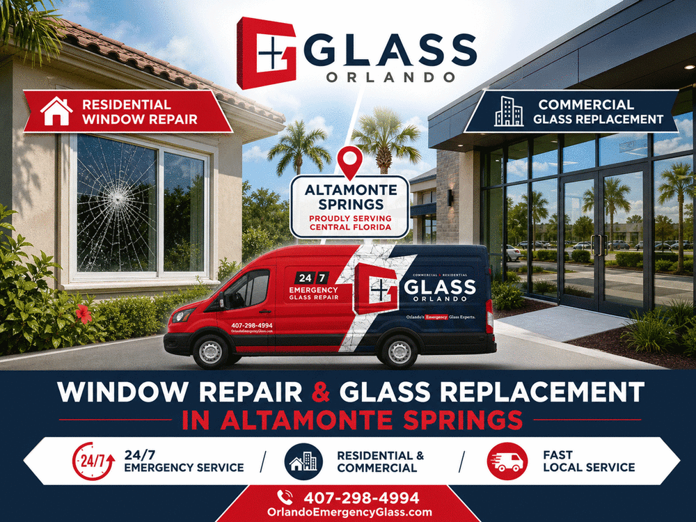 Residential cracked window and commercial glass entry door representing window repair and glass replacement in Altamonte Springs