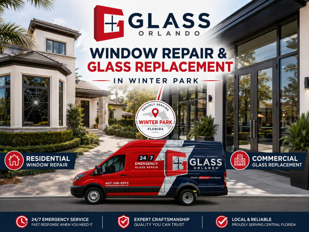 Residential cracked window and boutique commercial glass entry representing window repair and glass replacement in Winter Park