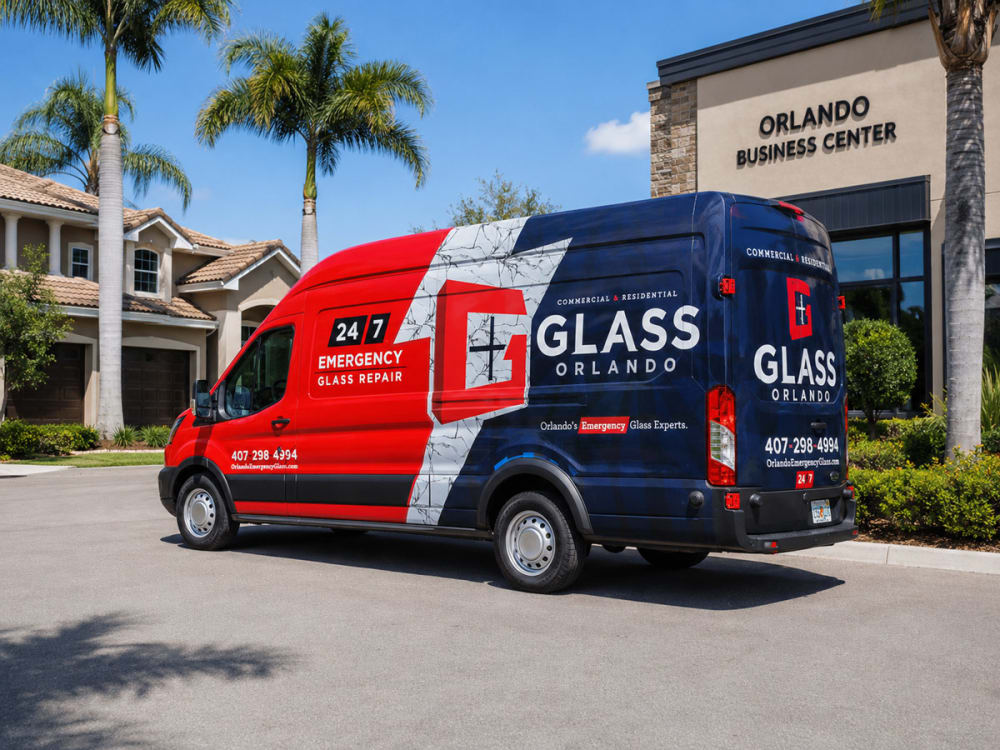Glass service van parked near a home and small business in Orlando representing local mobile window and glass repair service